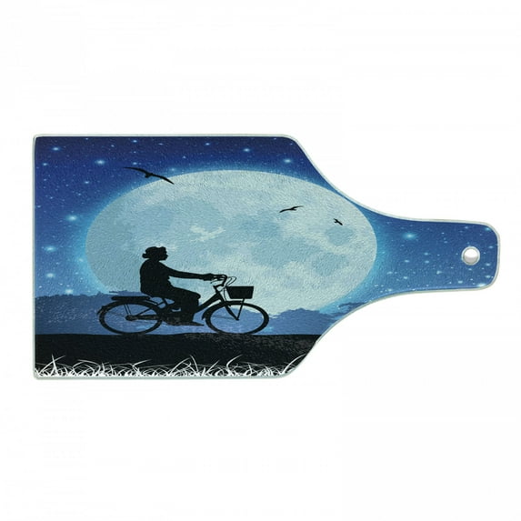 Moon Cutting Board, Landscape Drawing Style with Silhouette of a Person Riding a Bicycle into Night, Tempered Glass Cutting and Serving Board, Wine Bottle Shape, Blue Black White, by Ambesonne