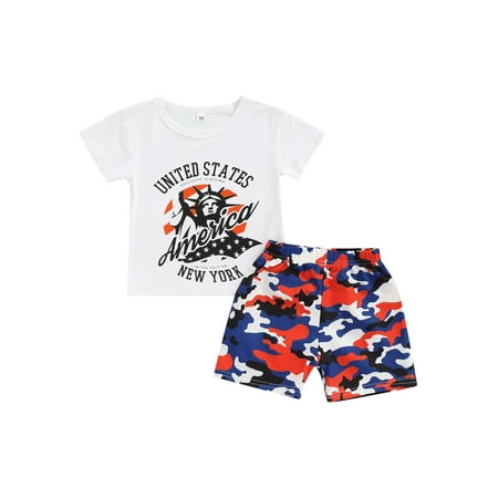 

Nokpsedcb Kids Toddler Boys 2Pcs Clothes Sets Short Sleeve T-shirt with Elastic Waist Camouflage Shorts Summer Outfits White 18-24 Months