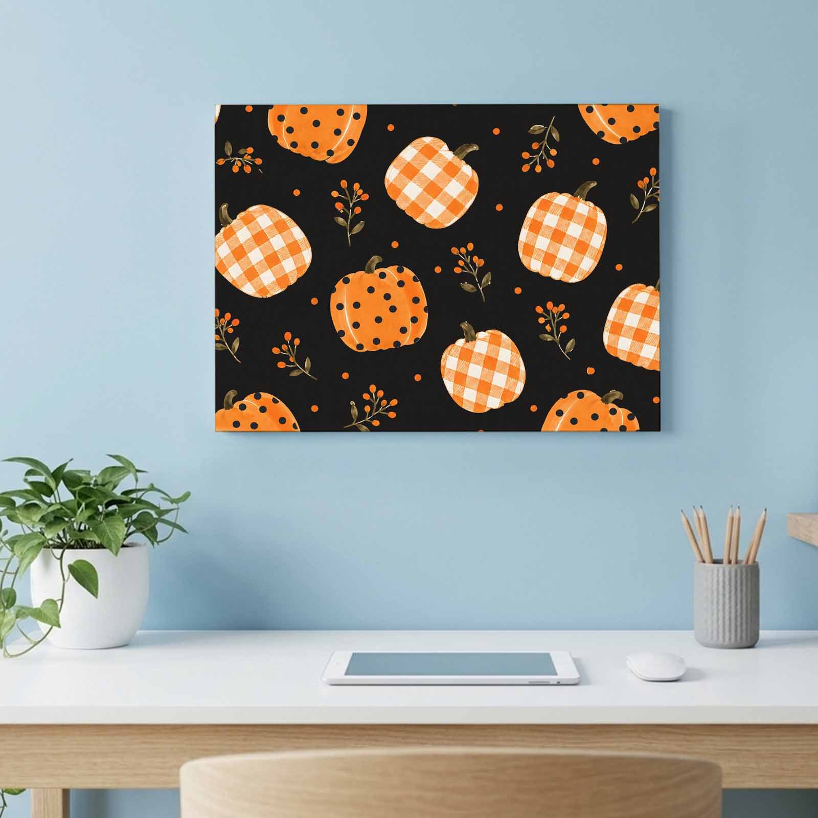 Thanksgiving Fall Canvas Wall Art Orange Buffalo Plaid Pumpkins Berry Black Wall Art Prints Artwork Framed Canvas Ready to Hang Art Pictures for Living Dining Room Bedroom Hallway 24 x 18