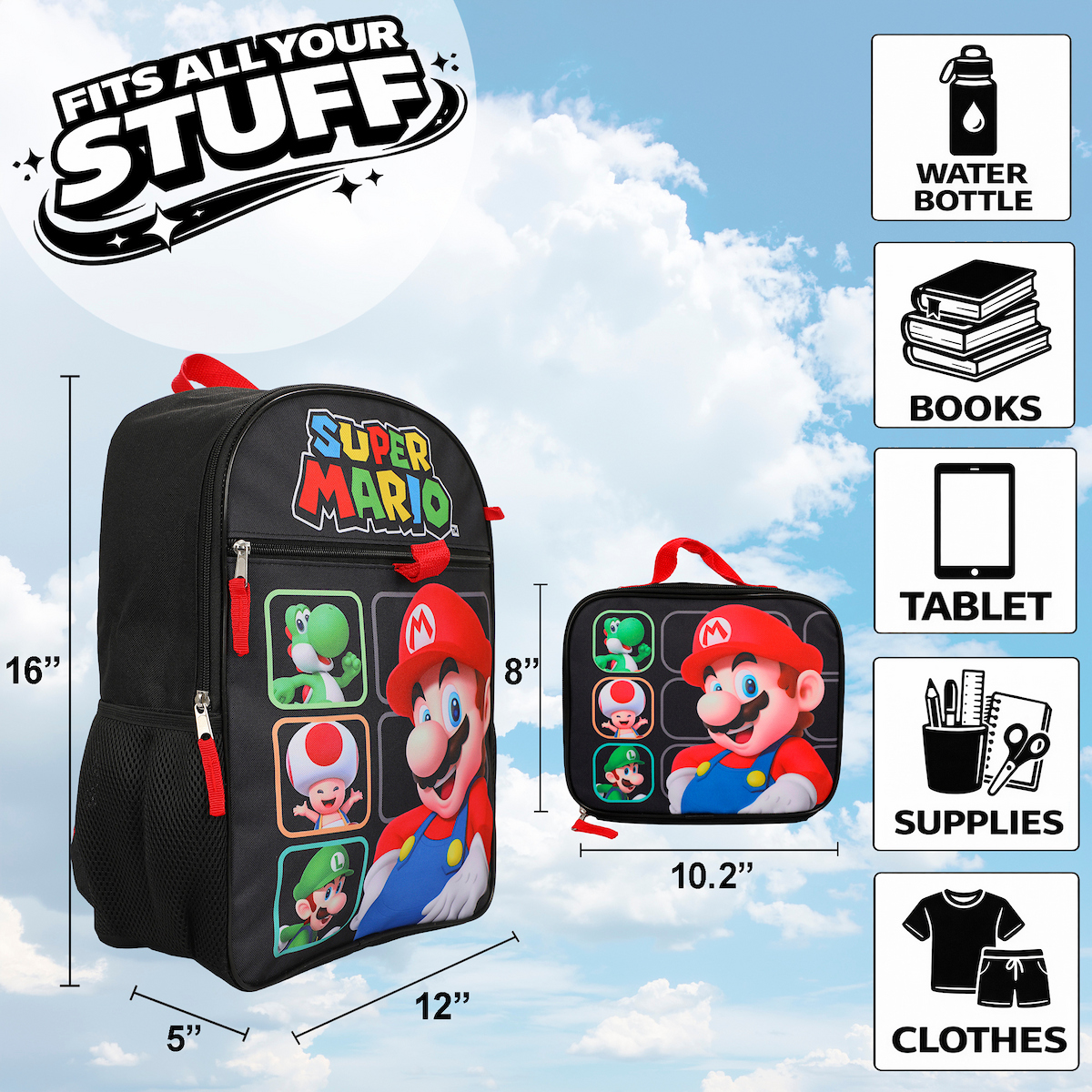 Set de mochila de 5 piezas de Super Mario Bros, de 16", para jóvenes 2