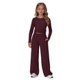 thumbnail image 4 of CPNG Girls 2 Piece Outfit Set Solid Color Long Sleeve Slim Top and Matching Wide Leg Lightweight Casual Sweatsuit Set, 4 of 9