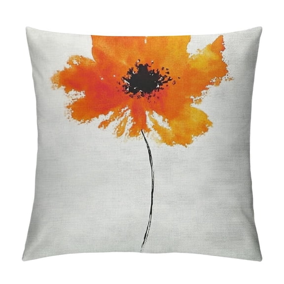 Patifu Watercolor Flower Pillow Cushion Cover Single Poppy Flower on Plain Clear Background Nature Inspired Romantic, Decorative Square Accent Pillow Case,White Orange 12x12in