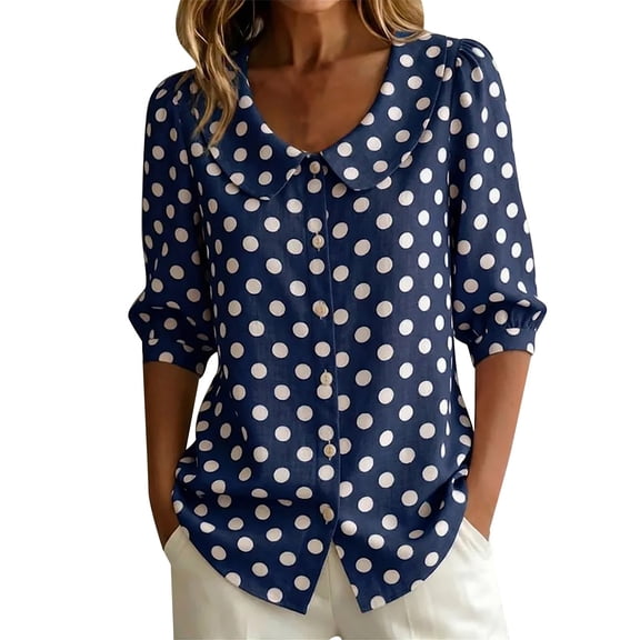 Womens Summer Tops Business Polka Dots Button Down Lapel Long Sleeve Satin Fashion Shirts for Women Blue L