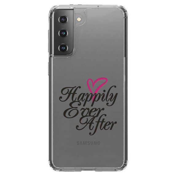 DistinctInk Clear Shockproof Hybrid Case for Galaxy S21 5G (6.2" Screen) - TPU Bumper Acrylic Back Tempered Glass Screen Protector - Happily Ever After Heart