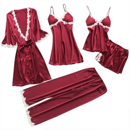 FhsagQ Women Lingerie Fishnet Suit Underwear Lingerie Women 5Pc Lace Dress Sleepwear Nightwear Lingerie Sets for Women Plus Size Red Womens Lingerie Robe Wine XXXL