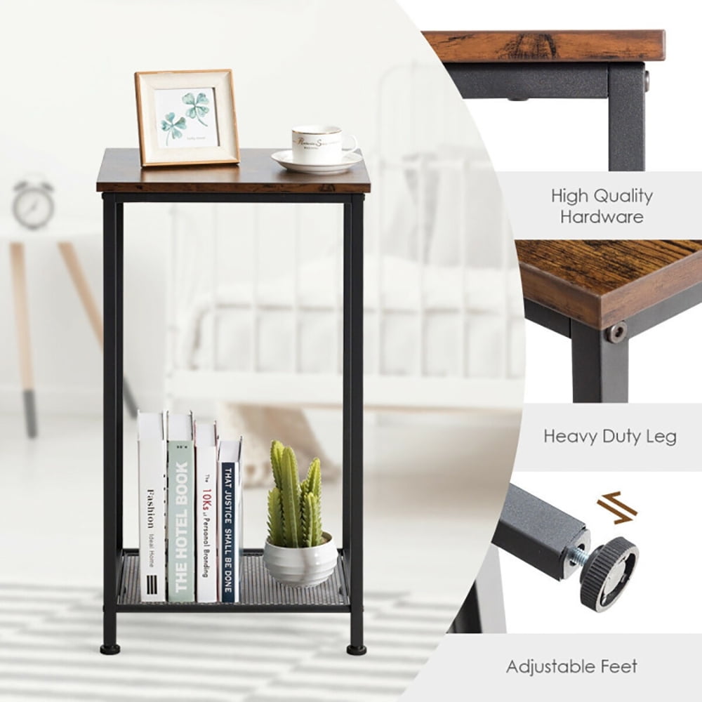 Finihen End Table, 2-Tier Industrial End Table with Metal Mesh Storage Shelves, Sofa Side Table, Bed Side Table, for Living Room, Bedroom, Brown Finihen End Table, 2-Tier Industrial End Table with Metal Mesh Storage Shelves, Sofa Side Table, Bed Side Table, for Living Room, Bedroom, Brown