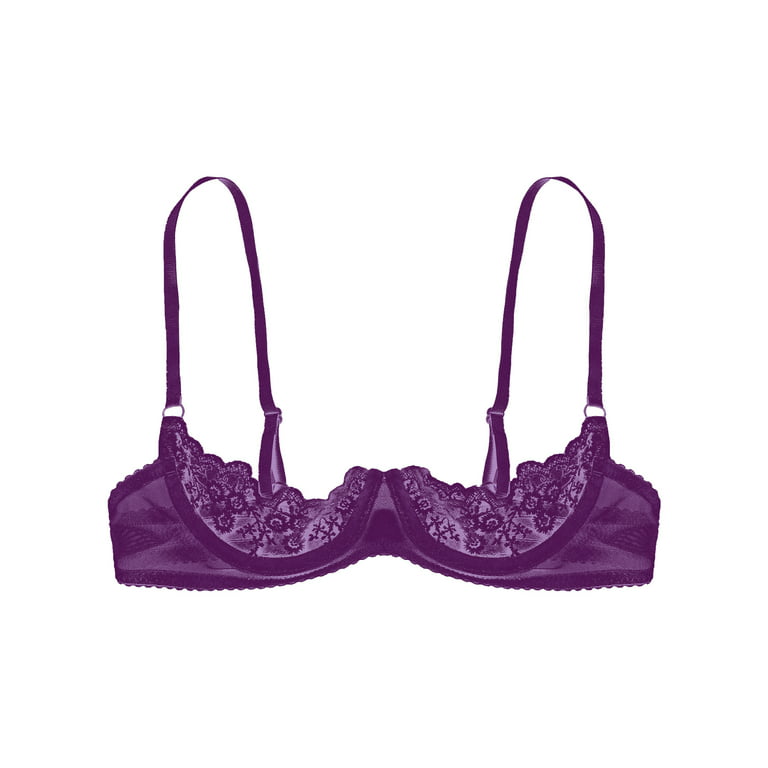 YiZYiF Womens Exotic Sheer Floral Lace Lingerie Unlined Underwired Push Up  Bra Tops Purple L 