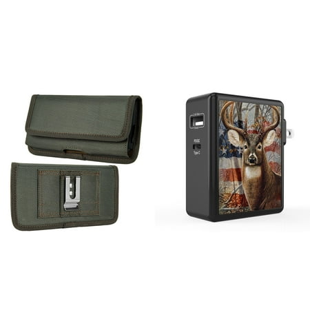 

Pouch and Wall Charger Bundle for Nokia G400 5G: Horizontal Rugged Nylon Belt Holster Case (Midnight Green) and 45W Dual USB Port PD Type-C and USB-A Power Adapter (American Deer Camo)