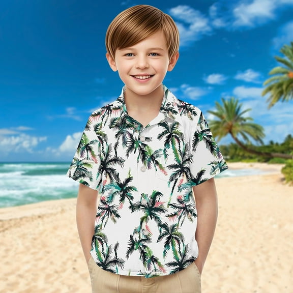 Oksale Boys Hawaiian Shirts Size 12-14 Cute Palm Tree Graphic Shirt Toddler Boy Summer Short Sleeve Shirts Casual Button Down Beach Tops Aged 2-15 Years