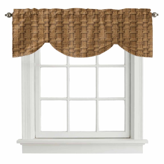 Tie Up Valances for Windows, Vintage Rattan Adjustable Valance Curtains Window Treatment for Living Room, Minimalist Abstract Wicker Texture Brown Rod Pocket Kitchen Curtains & Drapes 42x12 Inch
