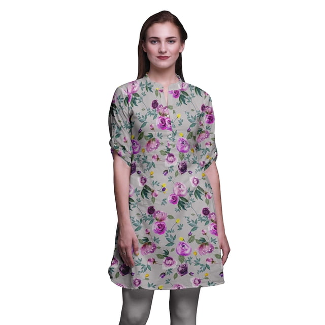 Bimba Kurti à Manches Retroussables pour Femmes, Col Mandarin Imprimé, Hauts de Kurti Courts