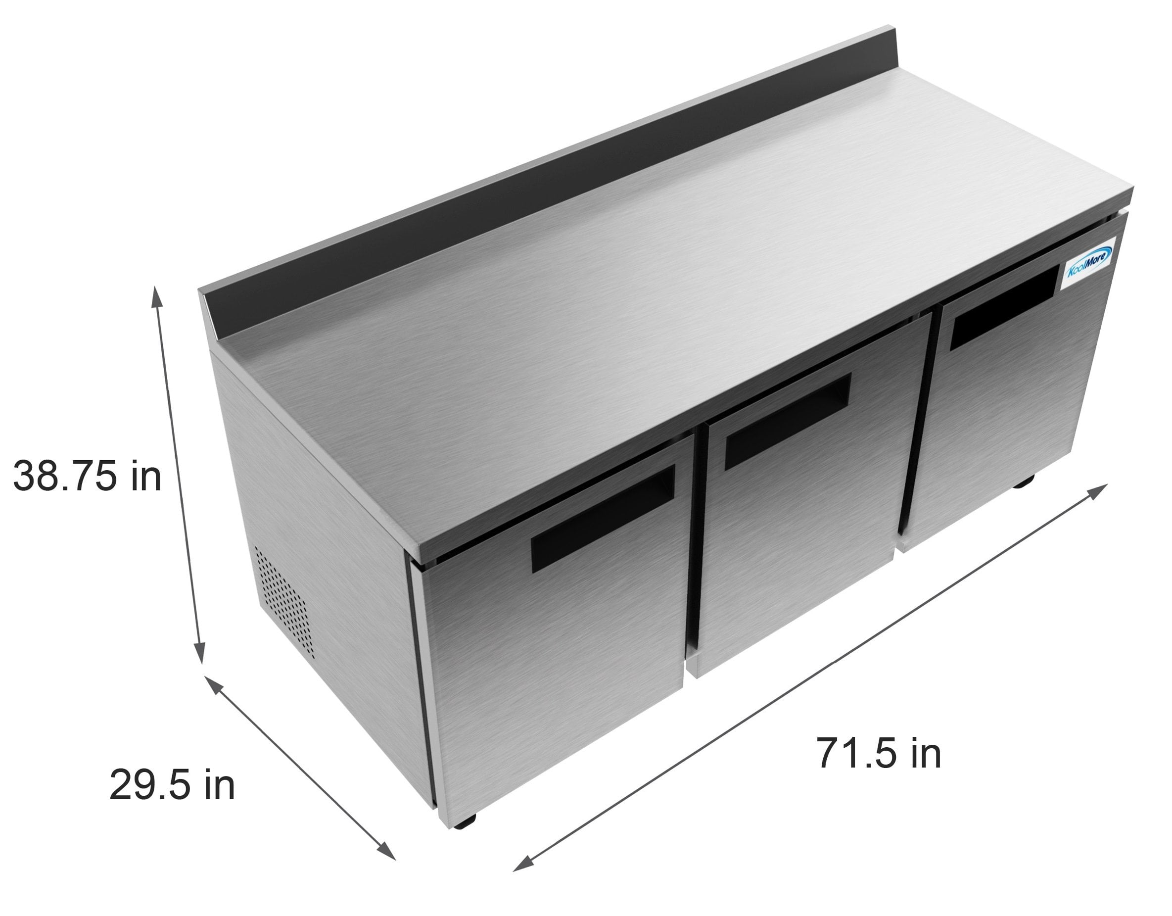 KoolMore 72" Stainless Steel 3 Door Worktop Commercial Refrigerator with 3 1/2 Backsplash - 16.9 cu.ft