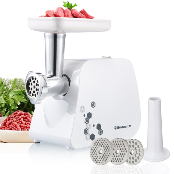 Sunmile Hachoir à Viande Électrique et Machine à Saucisses - 1HP 1000W Max - Lame de Coupe en Acier Inoxydable et 3 Plaques de Broyage, 1 Grande Machine à Saucisses, Blanc