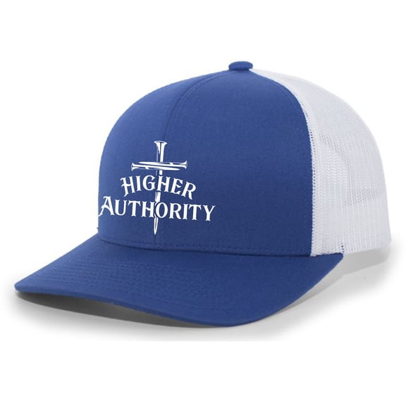 Christian Higher Authority Cross Nails Jesus Mens Embroidered Mesh Back Trucker Hat, Royal/White