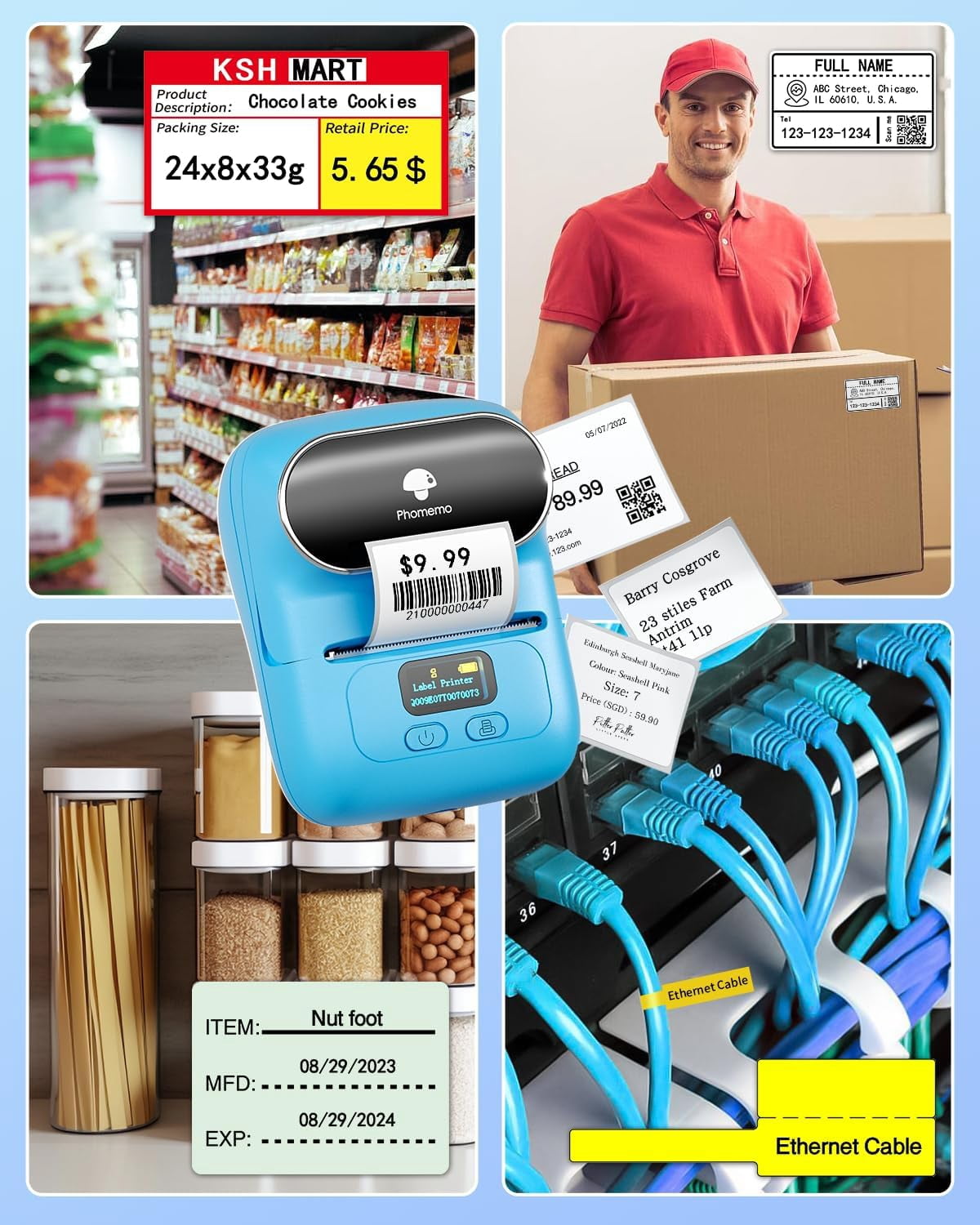 Phomemo M110 Label Printer - Portable Bluetooth Address Label Maker for Small Business, Barcode & Retail, Compatible with Phones & PC (Blue)