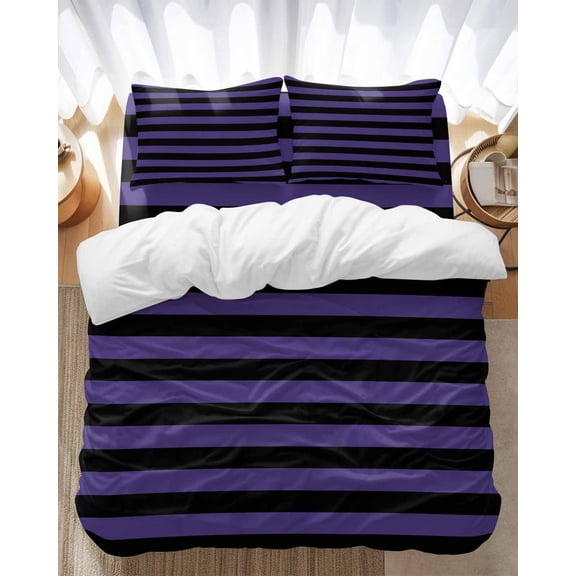 Halloween Theme Bedding Duvet Cover Set Twin Size 4 Pieces Purple and Black Stripes Soft Twill Plush Quilt Cover, Include 1 Duvet Cover 1 Flat Sheet And 2 Pillow