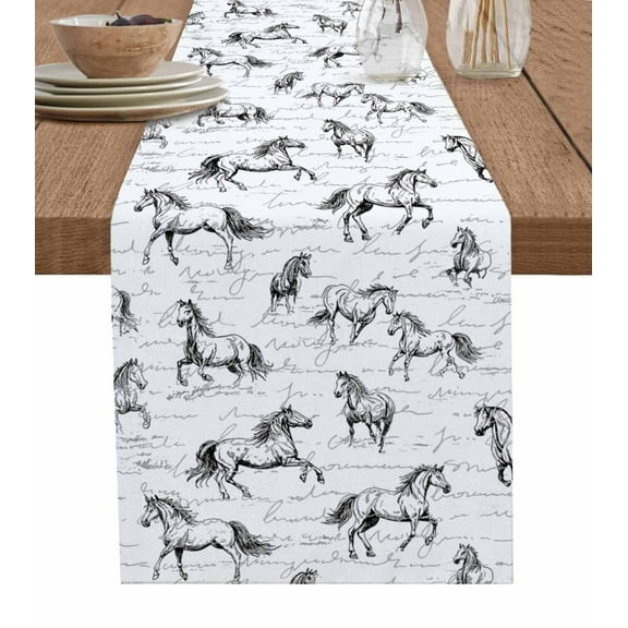 Running Horse Table Runner Retro Black Minimalist Animal Sketch Tablerunners 13 x 90 Inch, Table Decorations Tabletop Scarf for Summer Gathering Holiday Farmhouse Kitchen Dining Decor