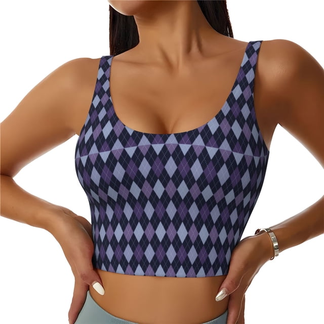 Balery Purple and Blue Squares Sujetadores deportivos con espalda cruzada para mujer, acolchados, sin costuras, de alto impacto, ideales para yoga, gimnasio, entrenamiento y fitness.-Small