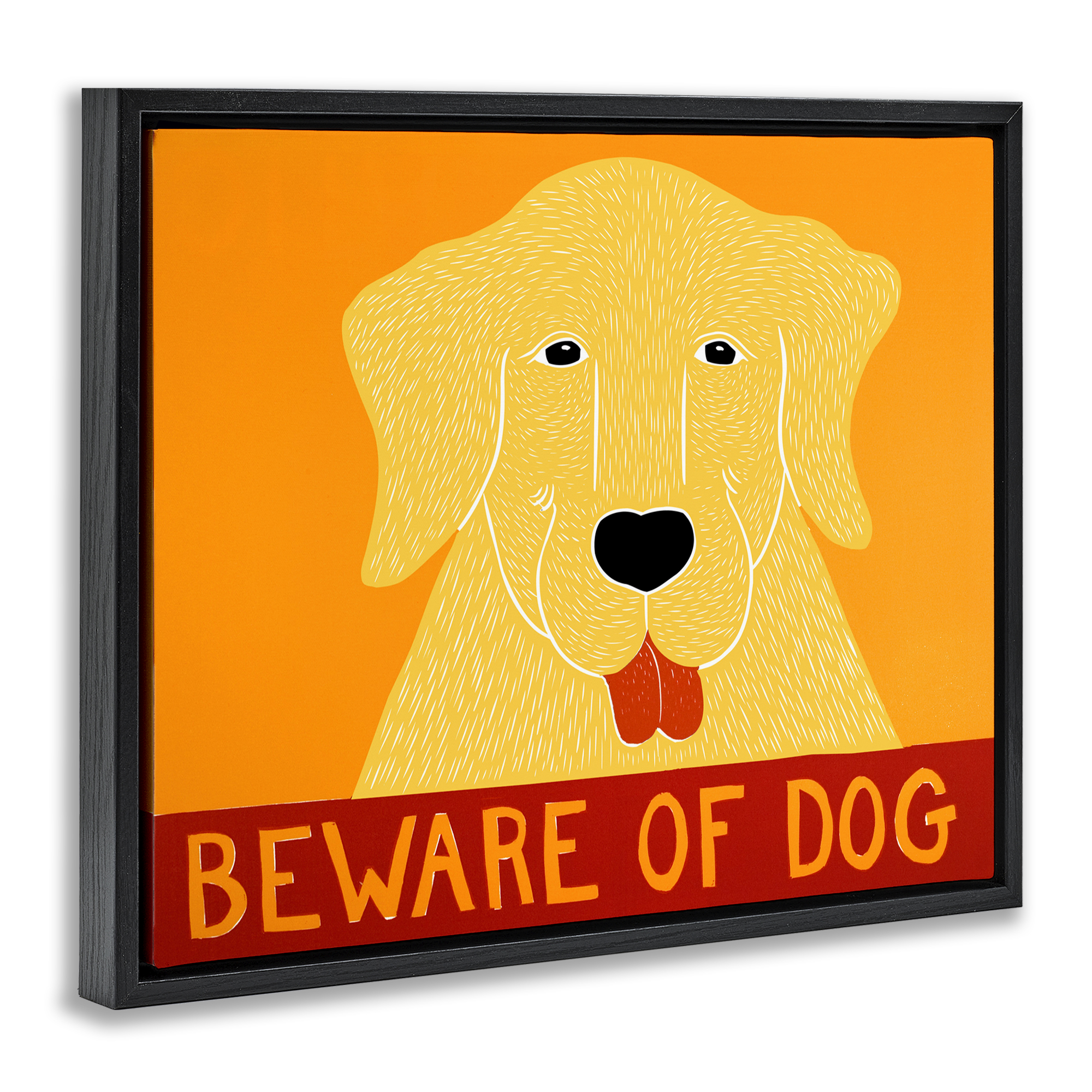 Beware Of Dog Yellow & Red Black Framed Floater Canvas Wall Art, design by Stephen Huneck
