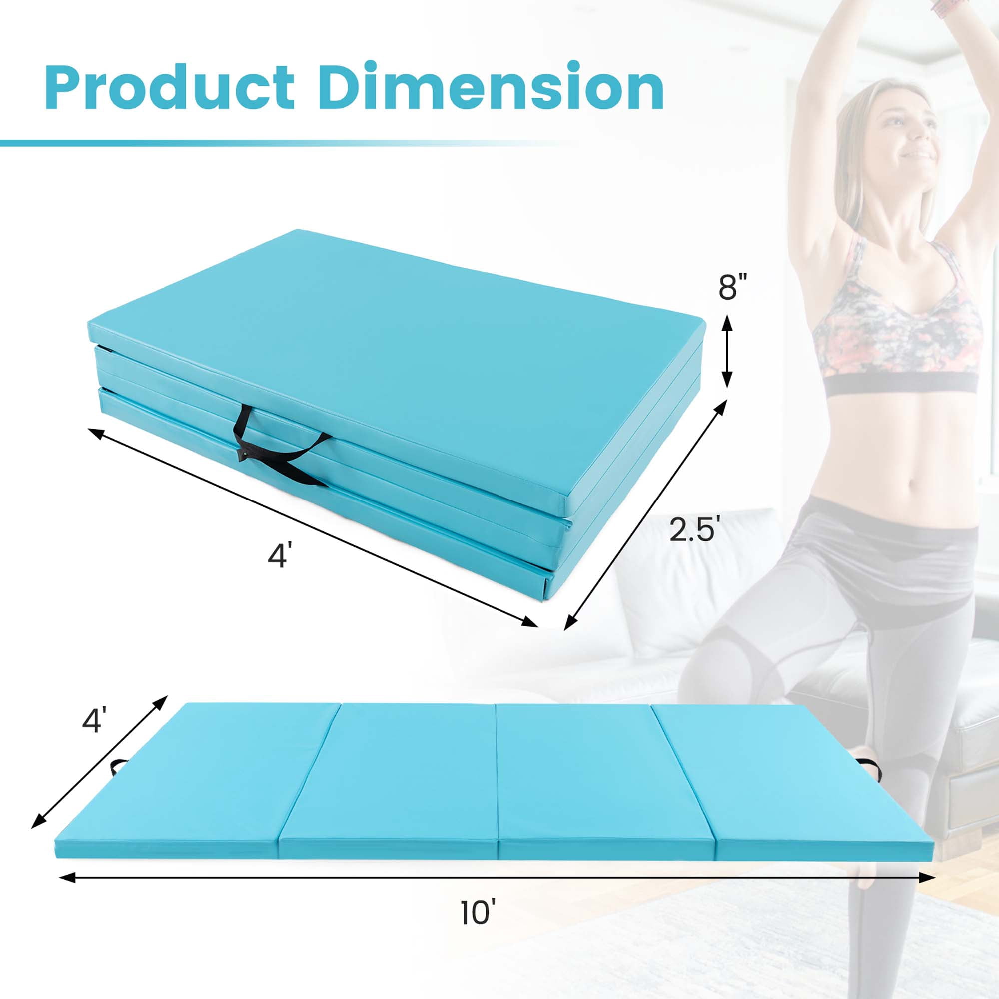 Costway 10' x 4' x 2" 4-Panel Folding Exercise Mat with Carrying Handles for Gym Yoga Blue