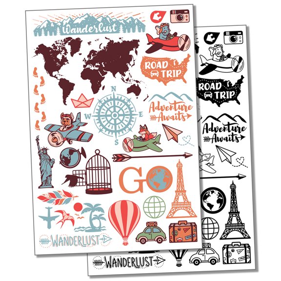 Traveling Exploring Vacation Flying Water Resistant Temporary Tattoo Set Fake Body Art Collection - Black
