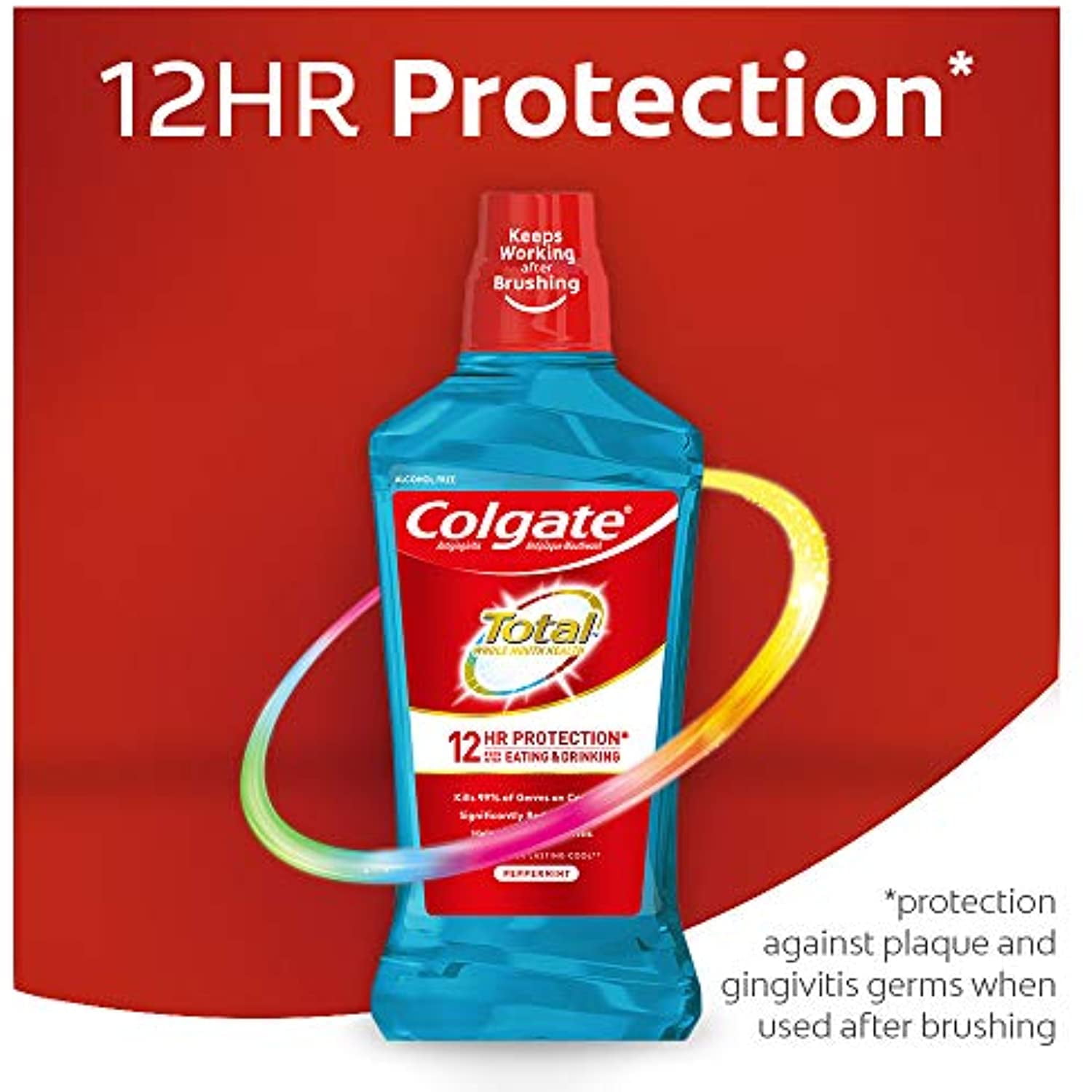 Colgate Total Alcohol Free Mouthwash For Bad Breath, Antibacterial Formula, Peppermint - 1L, 33.8 Fluid Ounce (3 Pack)