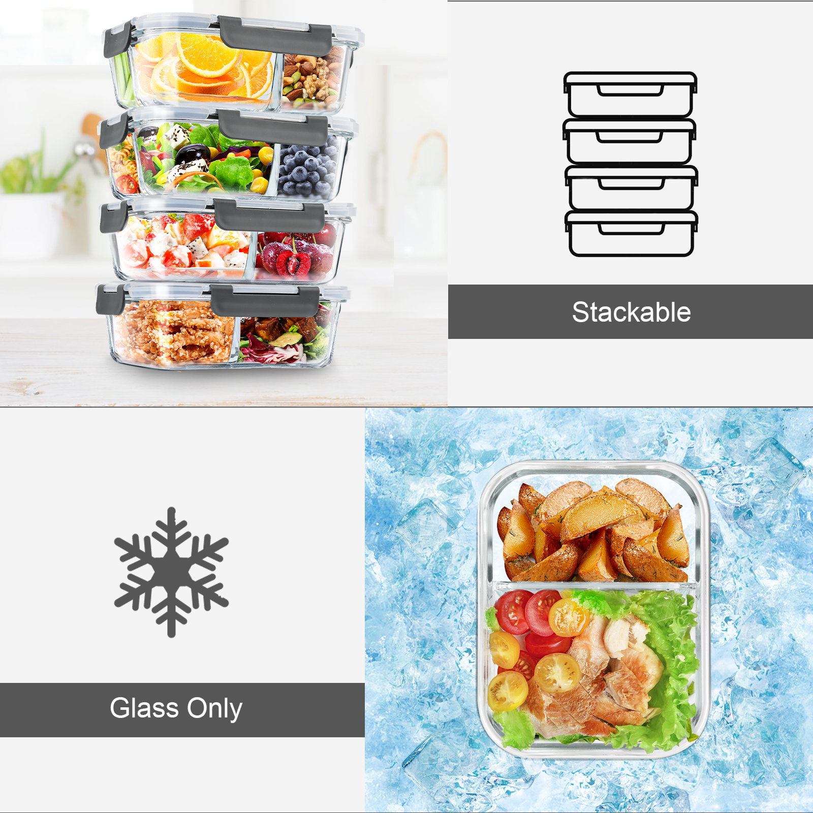 Taimasi 8-Piece Glass Meal Prep Container Set, Grey photo 2