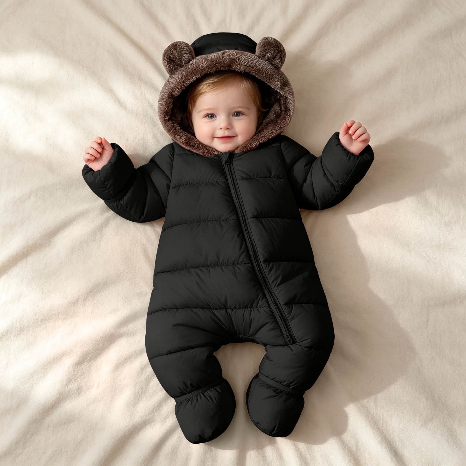 Xdegoge Newborn Baby Winter Snowsuit Thick Puffer Jumpsuit with Bear Ears Hood Zipper Closure Thermal Outerwear Long Sleeve Bodysuit for Cold Weather Pram Suit