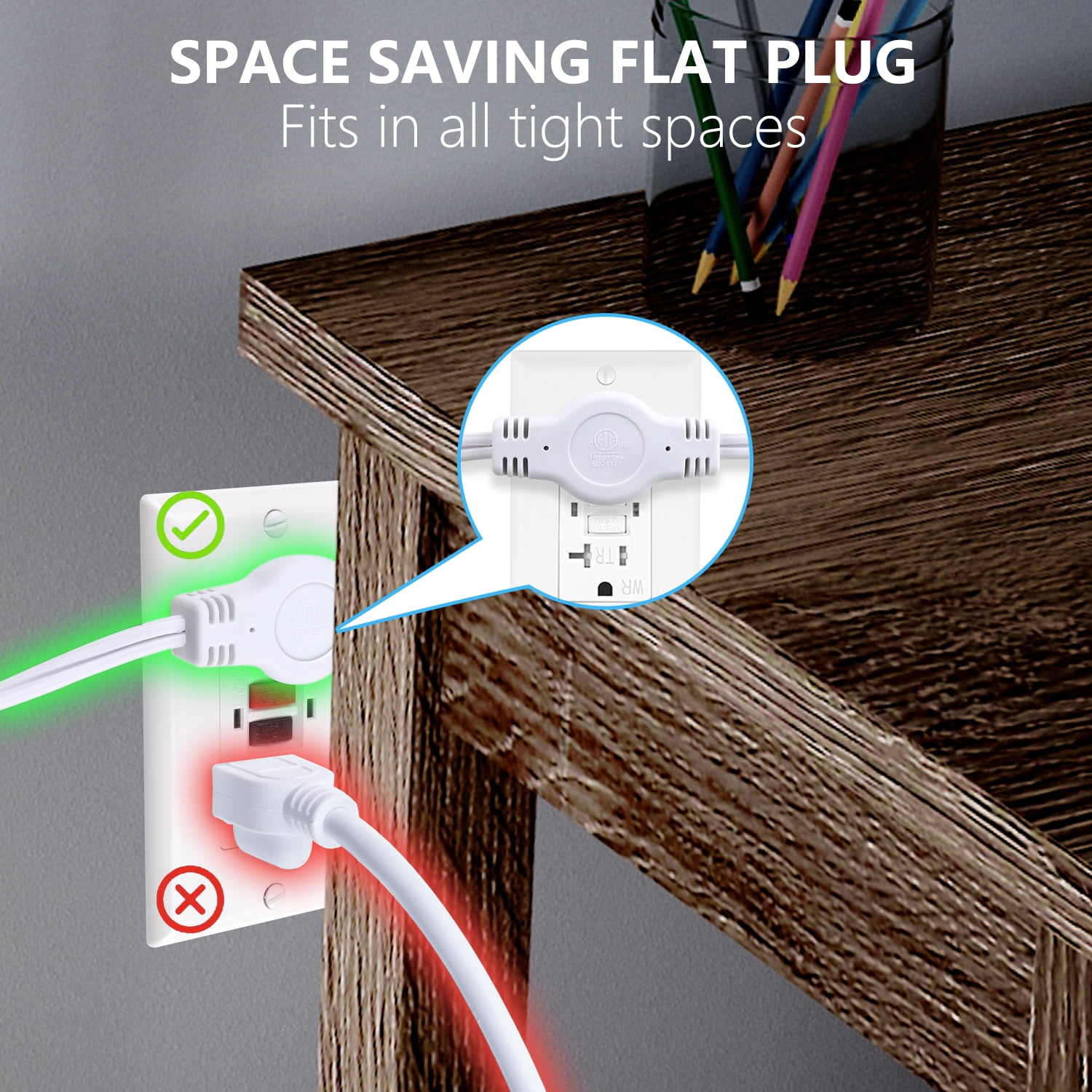 12 Feet Twin Extension Cord Power Strip, 6 Feet on Each Side, Flat Head Outlet Plug,6 Polarized Outlets with Safety Cover, Double Extension Cord Splitter for Indoor Use, ETL Listed