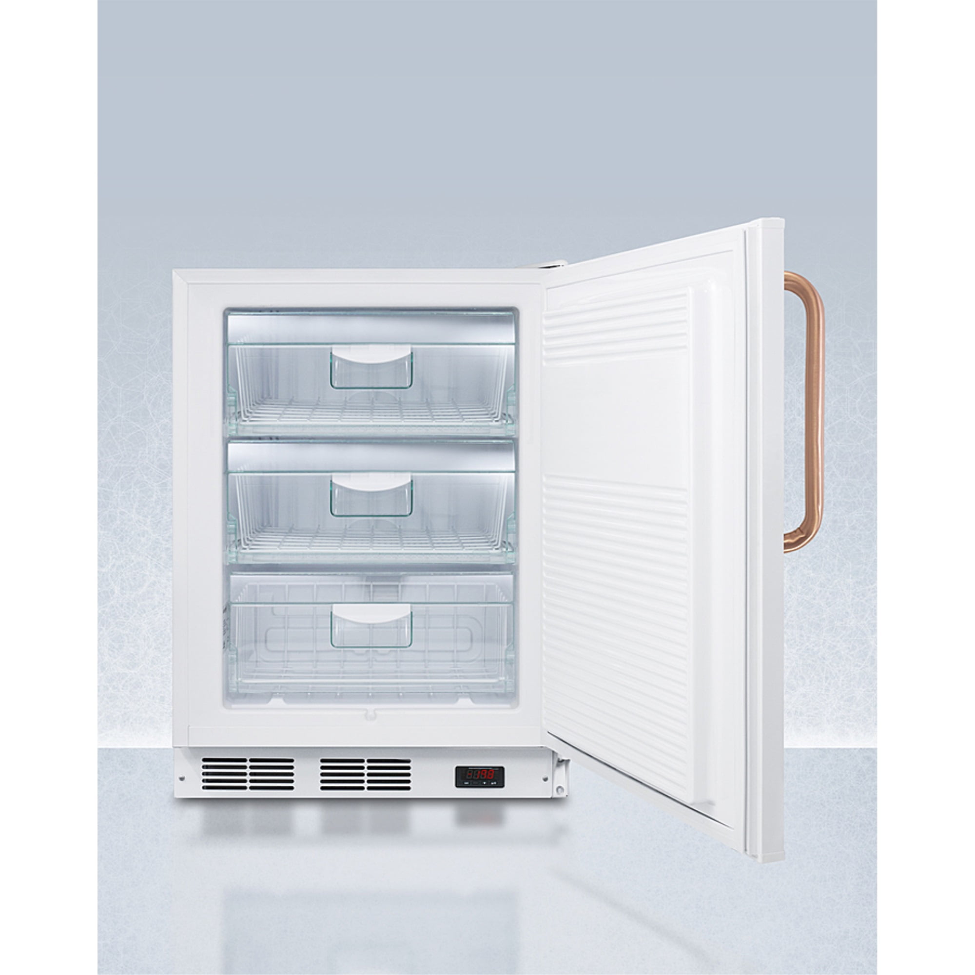 ADA compliant 24" wide all-freezer for built-in use, manual defrost with a copper handle