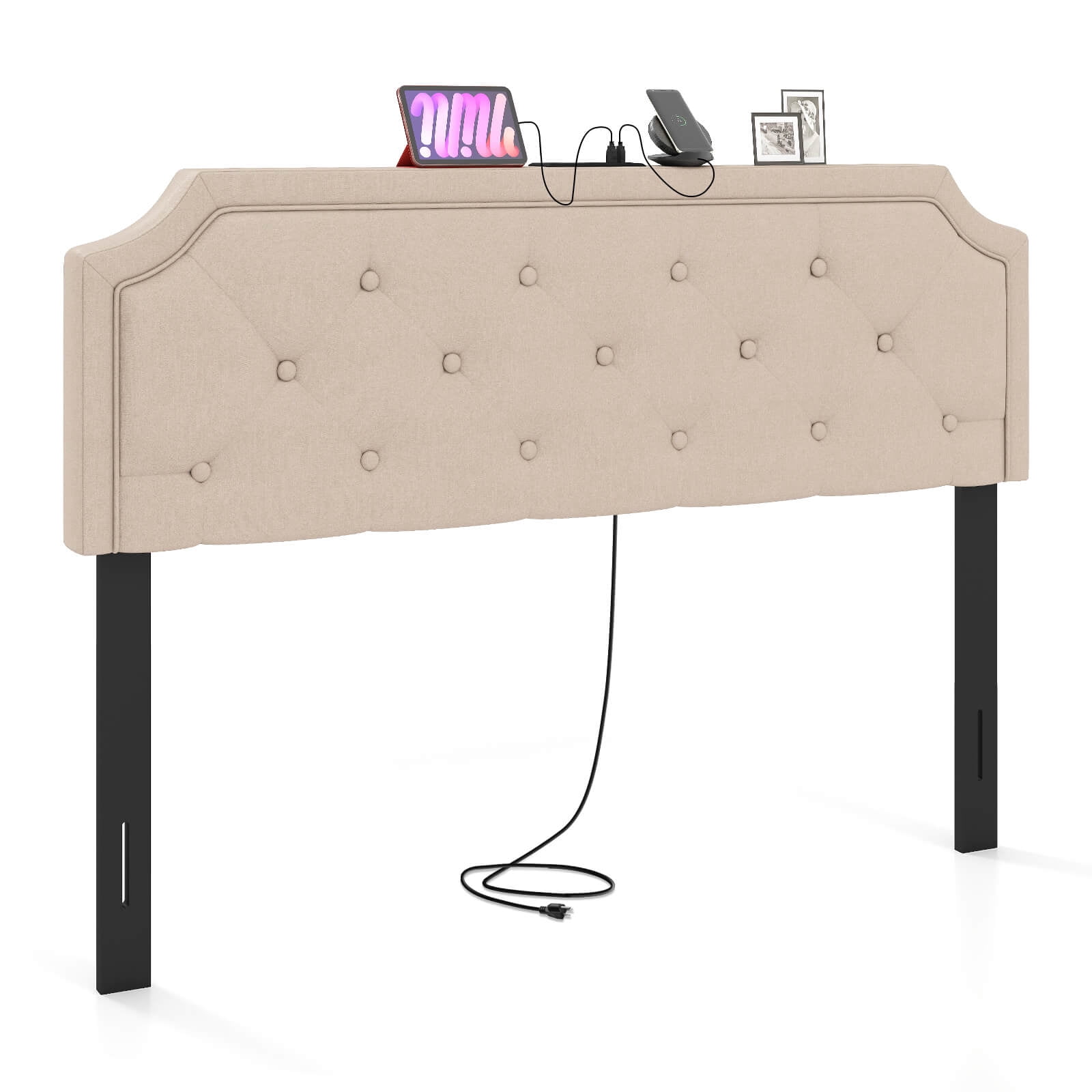 Costway Headboard for Queen & Full Size Bed,Tufted Upholstered Head Board with 2 AC Outlets Beige