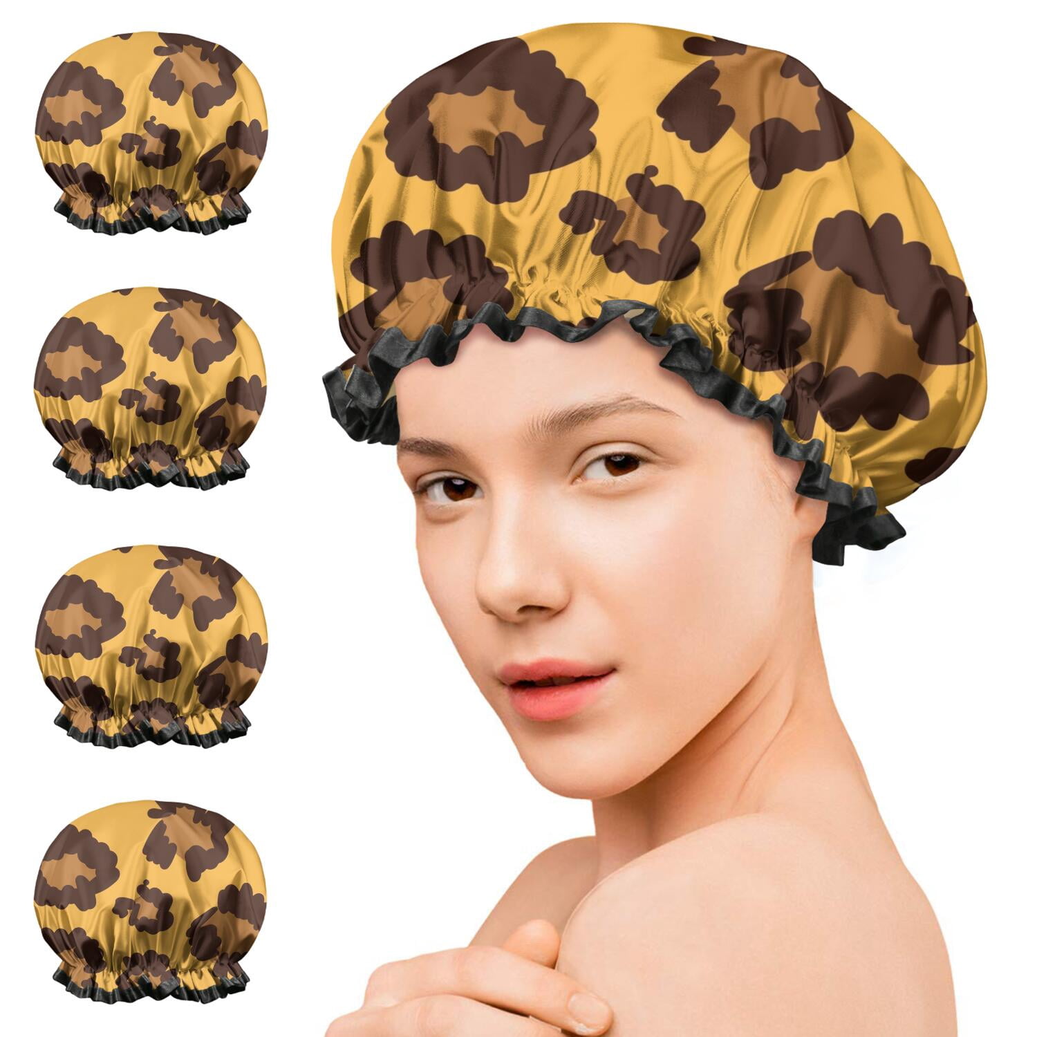 Shower Caps,Yellow and Black Of Leopard Print Waterproof Shower Cap for Women 4 Pieces,Double Reusable Hair Cover for Shower PEVA Elastic Stretch Hem