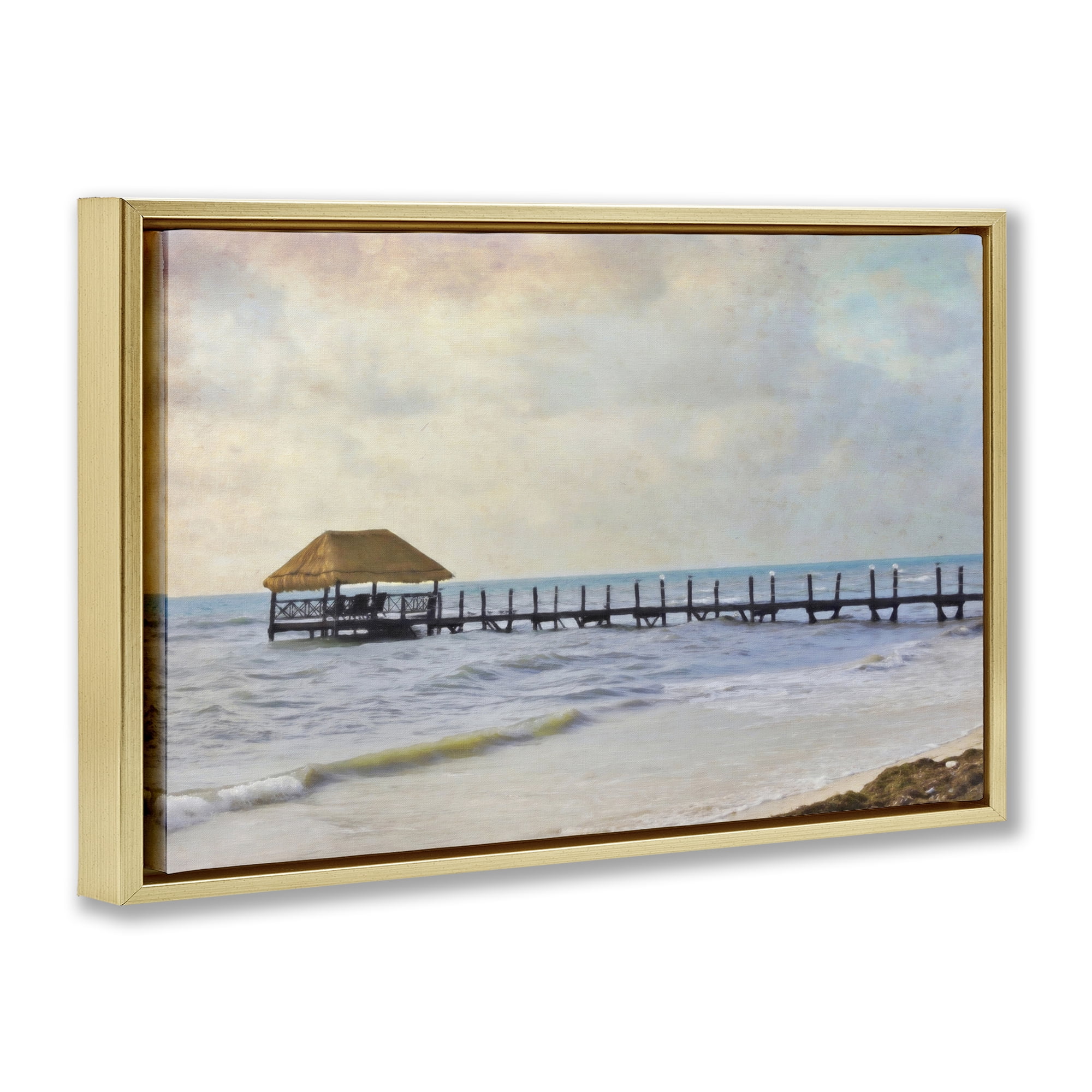 Stupell Industries Paradise Pier Shoreline Nautical & Beach Painting Gold Floater Framed Canvas Art Print Wall Art, 31 x 21