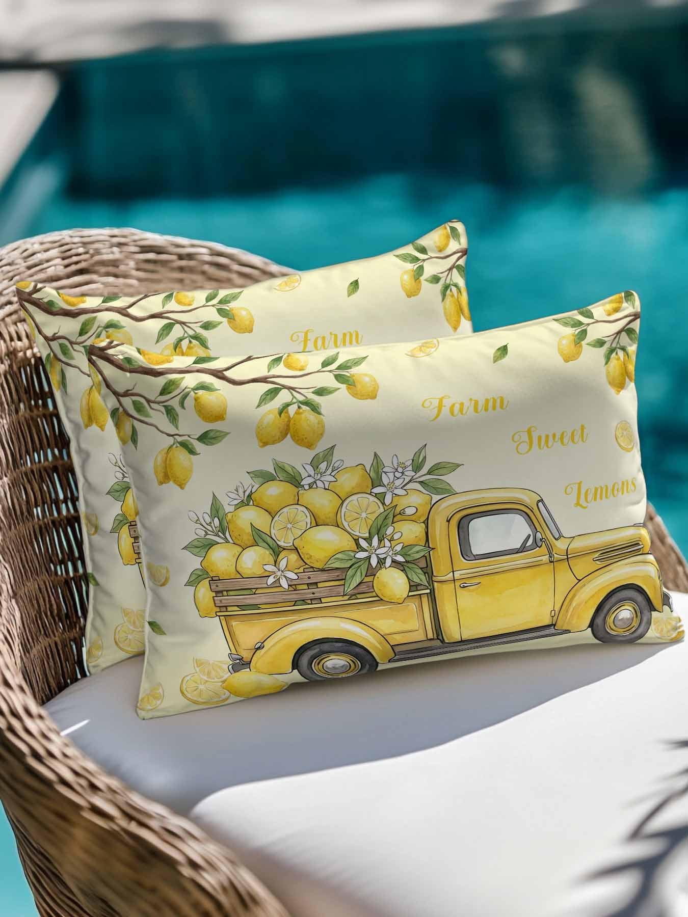 1 Pack Outdoor Pillows Waterproof, Lemon Truck Indoor/Outdoor Throw Pillows with Inserts, Summer Tropical Lemon Fruits Yellow Decorative Pillow for Patio Furniture Chairs Couch