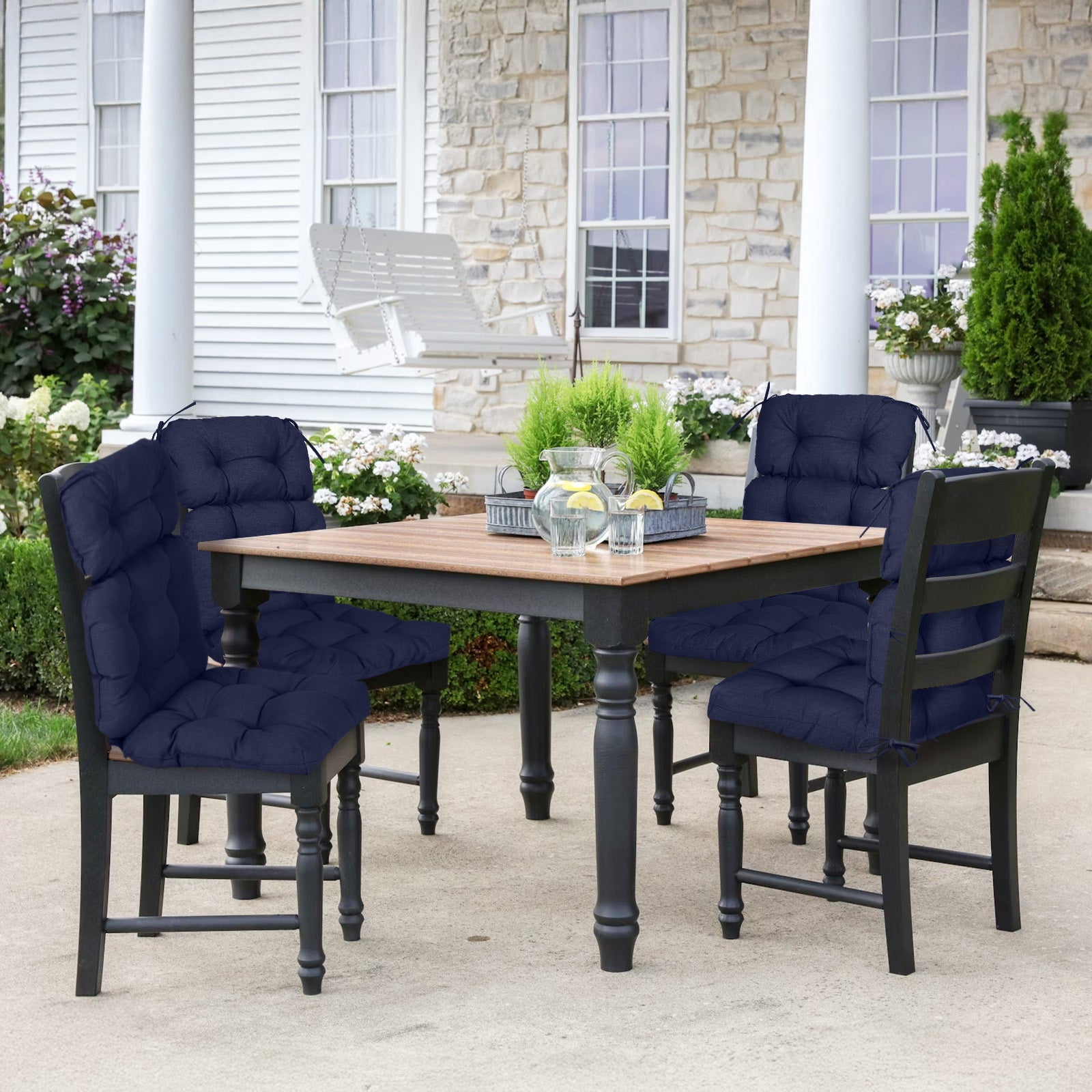 BPS Outdoor Chair Cushions, 45x22x5 Inch High Back Patio Dining Seat Cushion, Tufted Pads Set of 2, Dark Blue
