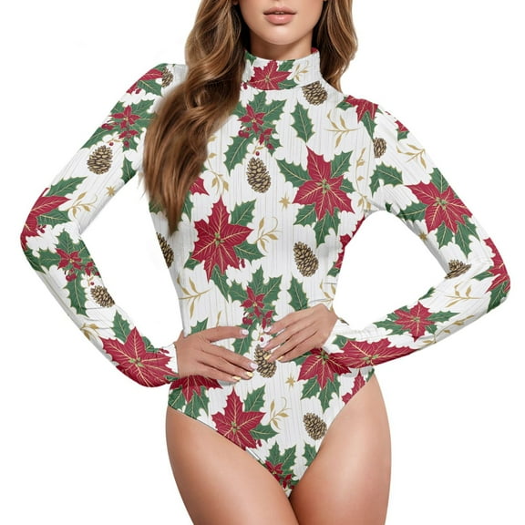 joogoo Poinsettias Flower Holly Women's Mock Turtle Neck Long Sleeve Bodysuit L