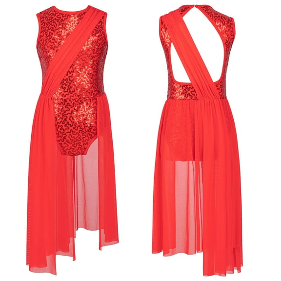 TiaoBug Kids Girls Lyrical Dance Dress Sequin Backless Leotard Performance Costume