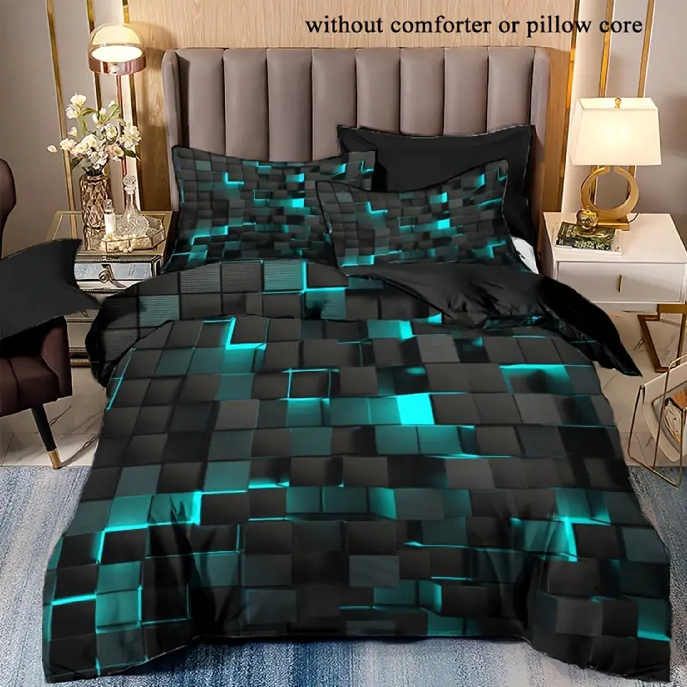 Orylavena 3D Lake Blue Geometric Microfiber Duvet Cover Set, Reversible, King