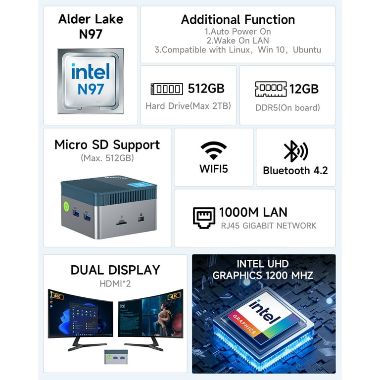 GMKtec Mini PC, 12GB RAM, 512GB SSD, Intel N97 3.6GHz, UHD
