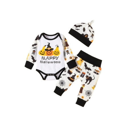 

ZIYIXIN Newborn Baby Boy Girl Halloween Outfit Long Sleeve Pumpkin Romper Pants Hat 3Pcs Fall Clothes White 3-6 Months