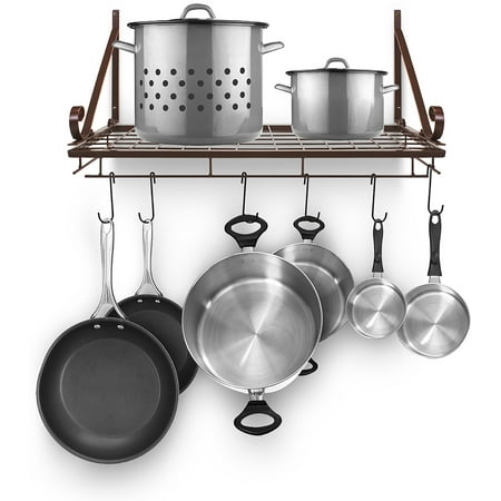 - Kitchen Wall Pot Pan Rack,With 10 Hooks,Brown