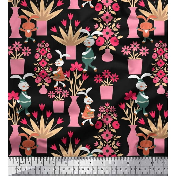 Soimoi Crepe Silk Fabric Flower Vase & Bunny Cartoon Fabric Prints by Yard 42 Inch Wide