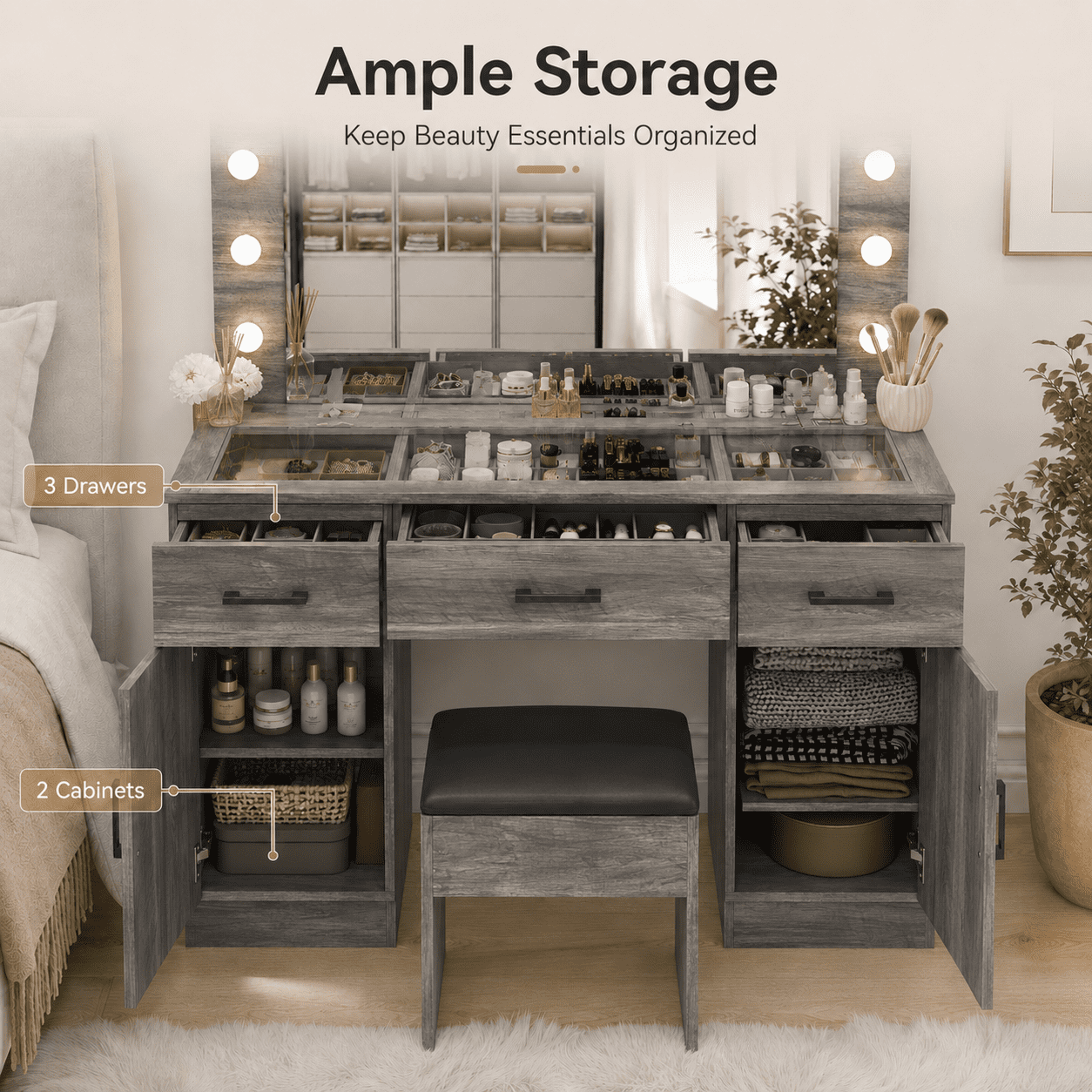 Ktaxon Large Makeup Vanity, Get Ready with Me GRWM Vanity Table Set w/ Visible Glass Top w/ Charging Station, Gray