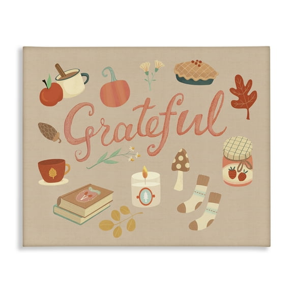 Stupell Industries Grateful Cozy Fall Essentials Holiday Painting Wrapped Canvas Art Print Wall Art, 20 x 16