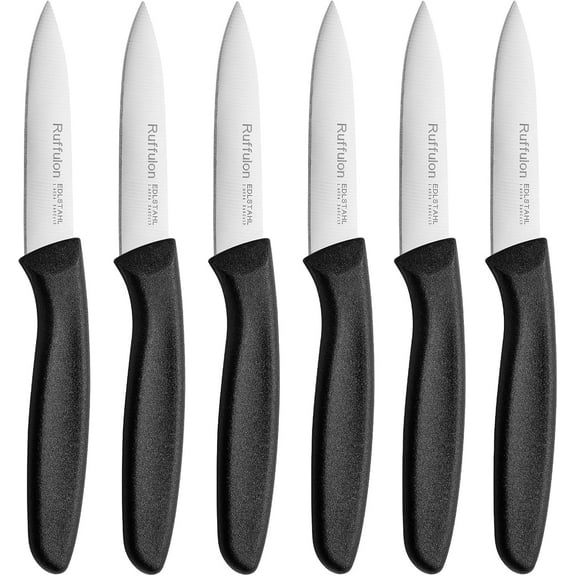 Ruffulon Straight Edge Paring Knife Set of 6, Stainless Steel Small Kitchen Knife, Ultra Sharp Peeling Knife, Fruit Knife with Black Plastic Handle