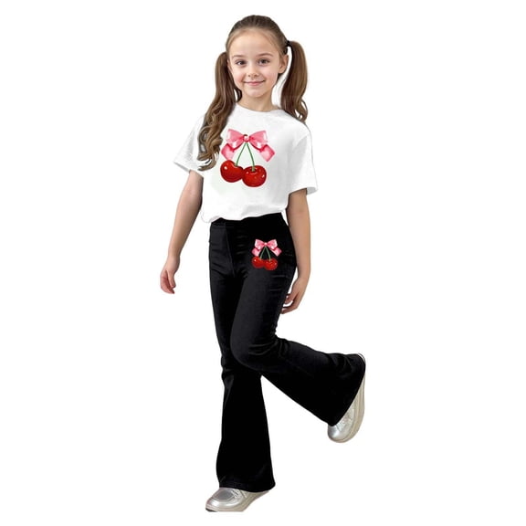 Laipiong Stylish Girls Casual Outfit Flared Pants With Short Sleeve Top Comfortable Playwear Two Piece Coordinated Summer Black 3-4