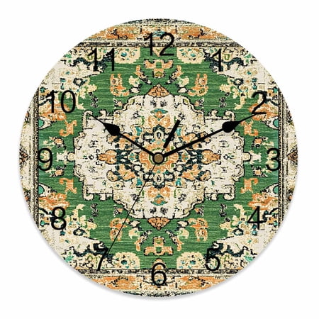 Wall Clock 12 Inch Green Orange Boho Round Silent Decorative Wall Clocks Battery Operated for Living Room Bedroom Kitchen Classroom Decor, Vintage Bohemian Geometric Pattern,Large