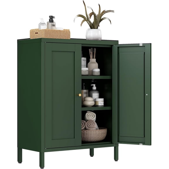 Small Bathroom Storage Cabinet, Green Metal Locker Cabinet with 2 Doors and 2 Adjustable Shelves, Metal Floor Cabinets Sideboard for Home Office, Living Room, Hallway, Entryway