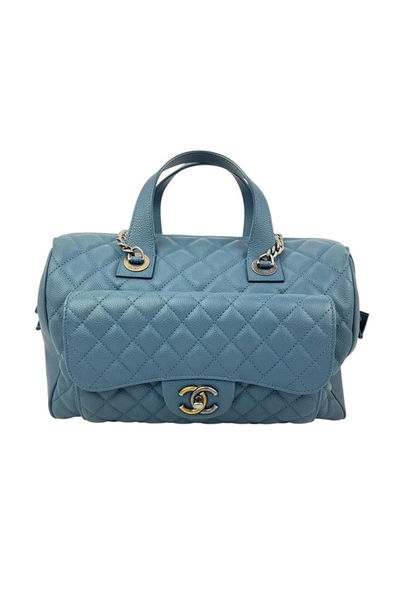 Pre-Owned Chanel Quilted Caviar Large Blue Bowling Bag Ruthenium