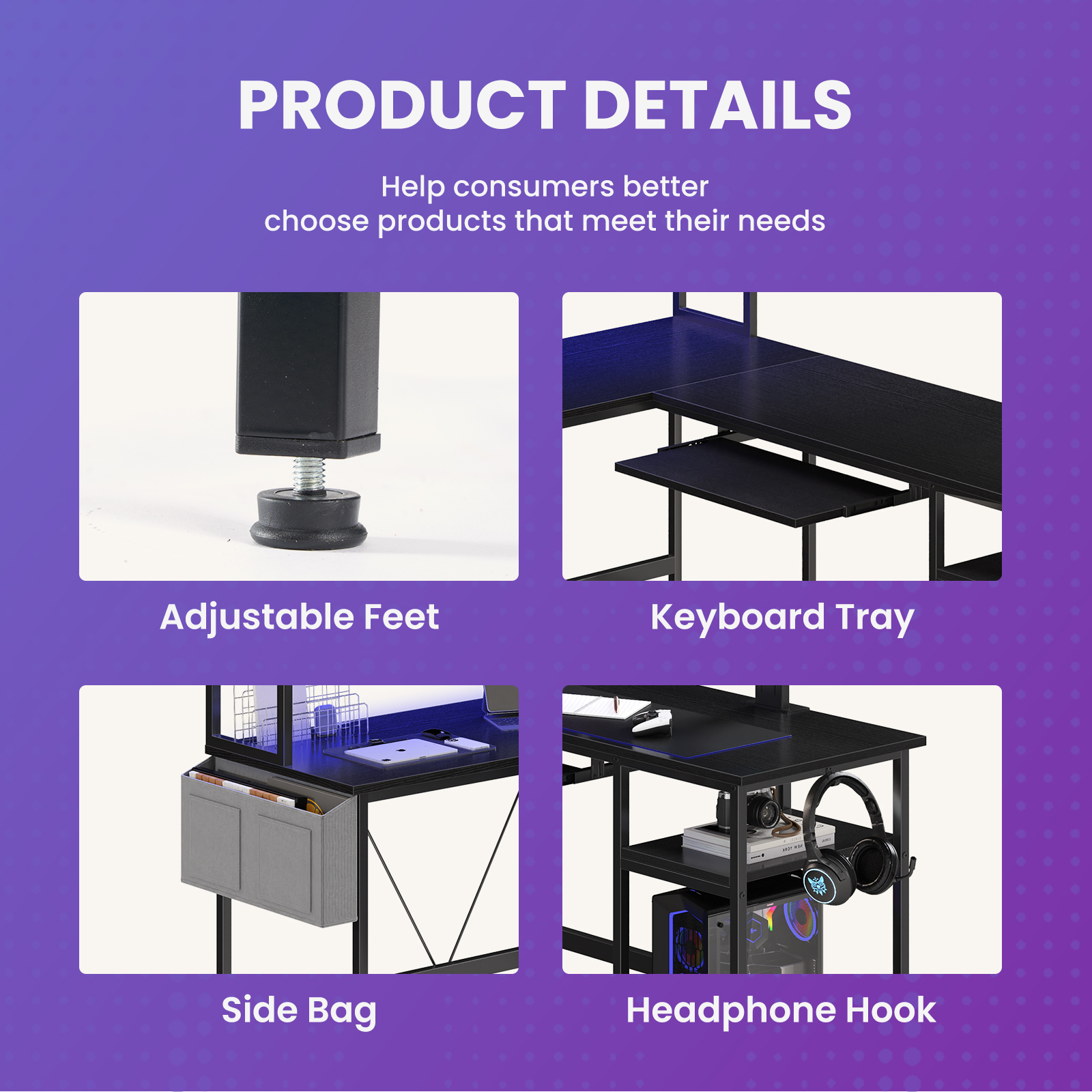 MCQ 94.5" Large L-Shaped Gaming Desk with LED Lights, Power Outlets, Drawer, Keyboard Tray & Hutch, Black